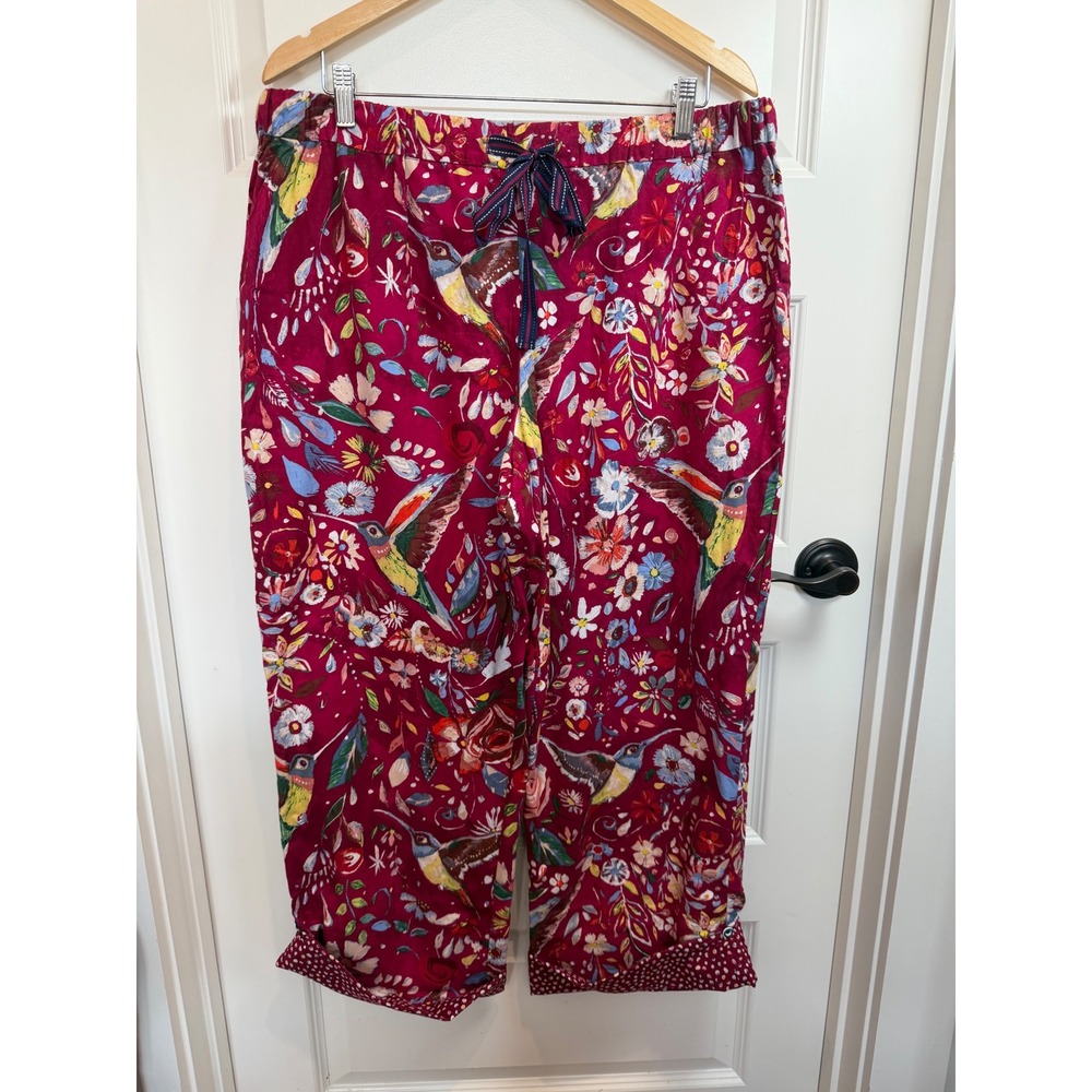 Eloise Magenta Hummingbird Floral Pajama Pants XL Button Tab Cuff Pink Lounge